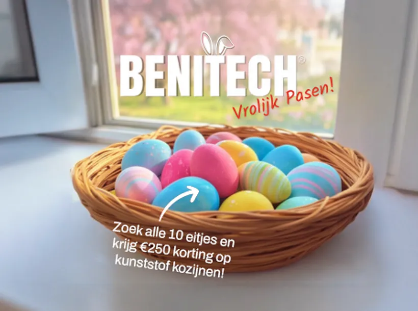 Paasactie Benitech Kozijnen 2025 zoek 10 eitjes voor 250 euro korting