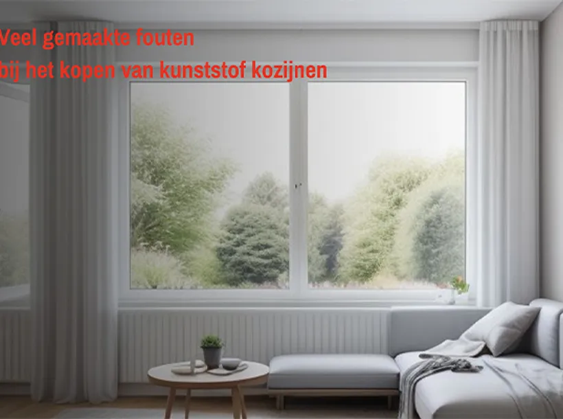 Moderne woonkamer met kunststof kozijnen met tekst: 5 veelgemaakte fouten bij het kopen van kozijnen