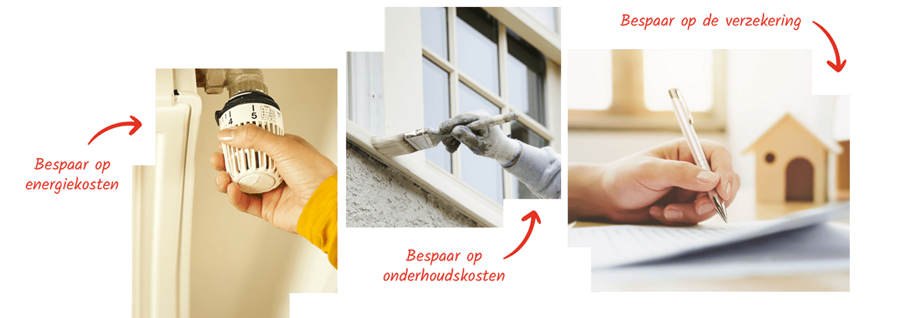 Collage met 3 afbeeldingen en tekst bespaar op energiekosten, bespaar op onderhoudskosten en bespaar op de verzekering.