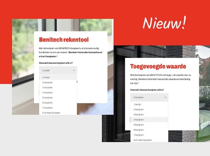 Screenshots Benitech rekentool besparen en waardevermeerdering huis met de tekst nieuw