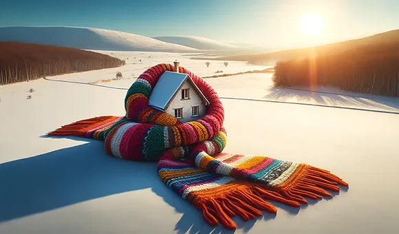 Illustratie van een huis met een sjaal in de sneeuw - Isolatie met kunststof kozijnen om warmteverlies te voorkomen