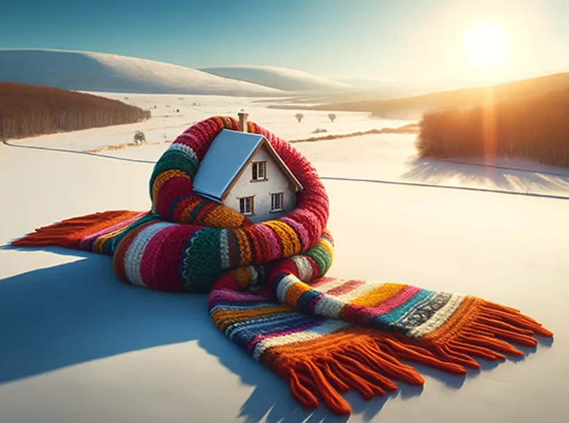 Illustratie van een huis met een sjaal in de sneeuw - Isolatie met kunststof kozijnen om warmteverlies te voorkomen