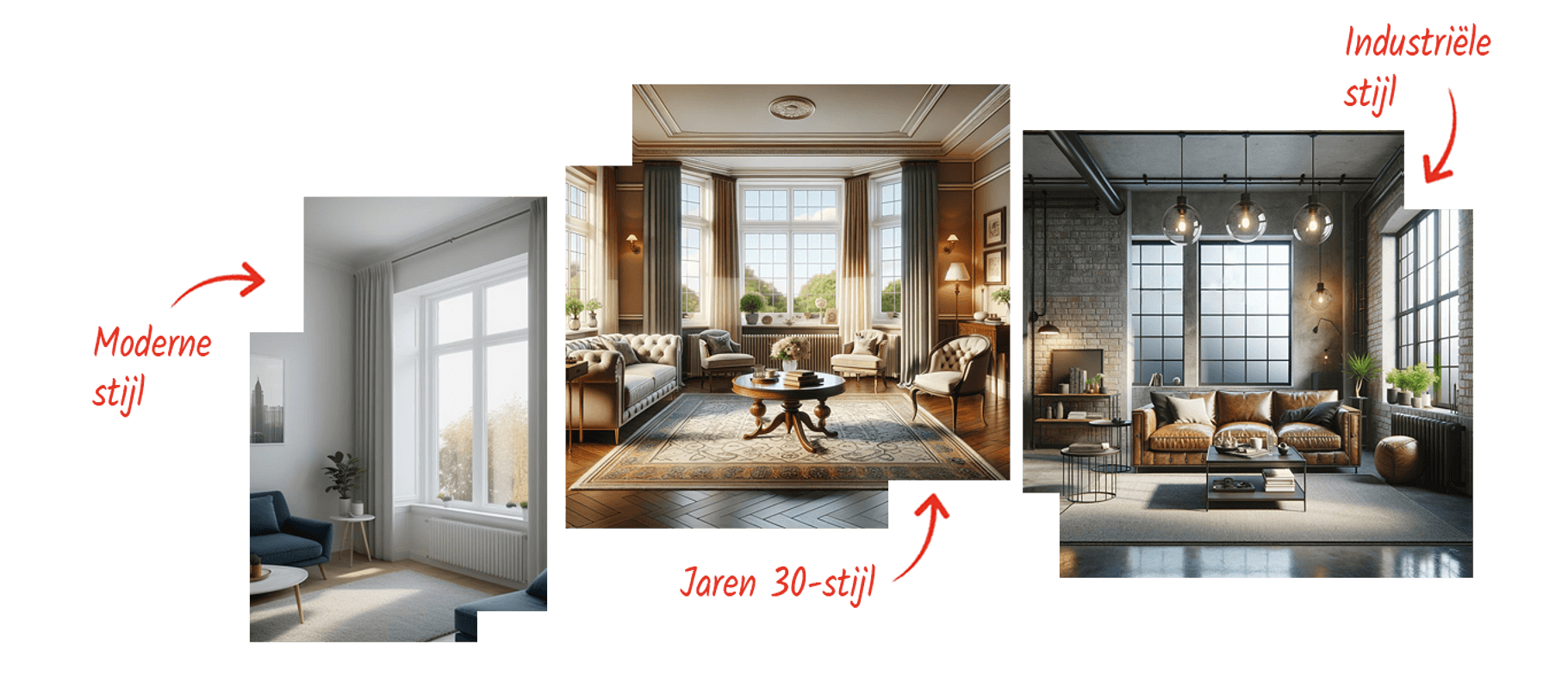 Collage met voorbeelden kozijnen verschillende stijlen - moderne stijl, jaren 30-stijl en industriële stijl