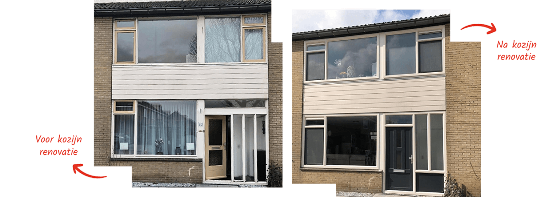 Foto voorgevel woning voor kozijn renovatie en na kozijn renovatie