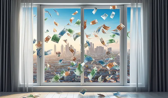 Wat kosten kunststof kozijnen? - Illustratie van een kunststof kozijn met rond dwarrelend geld
