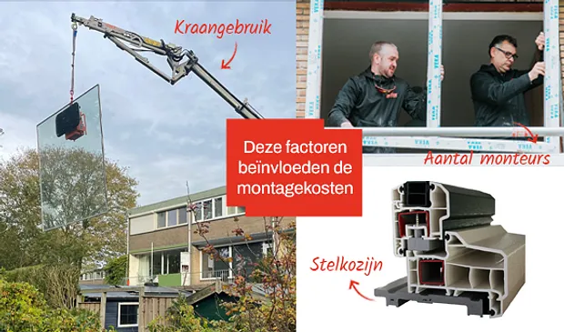 Foto's van kraangebruik, kunststof kozijnen monteur en stelkozijn: factoren van invloed op de montagekosten kunststof kozijnen