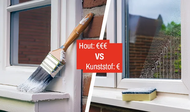 Visuele vergelijking van onderhoudskosten: houten kozijnen schilderen (€€€) en kunststof kozijnen schoonmaken met een spons (€)