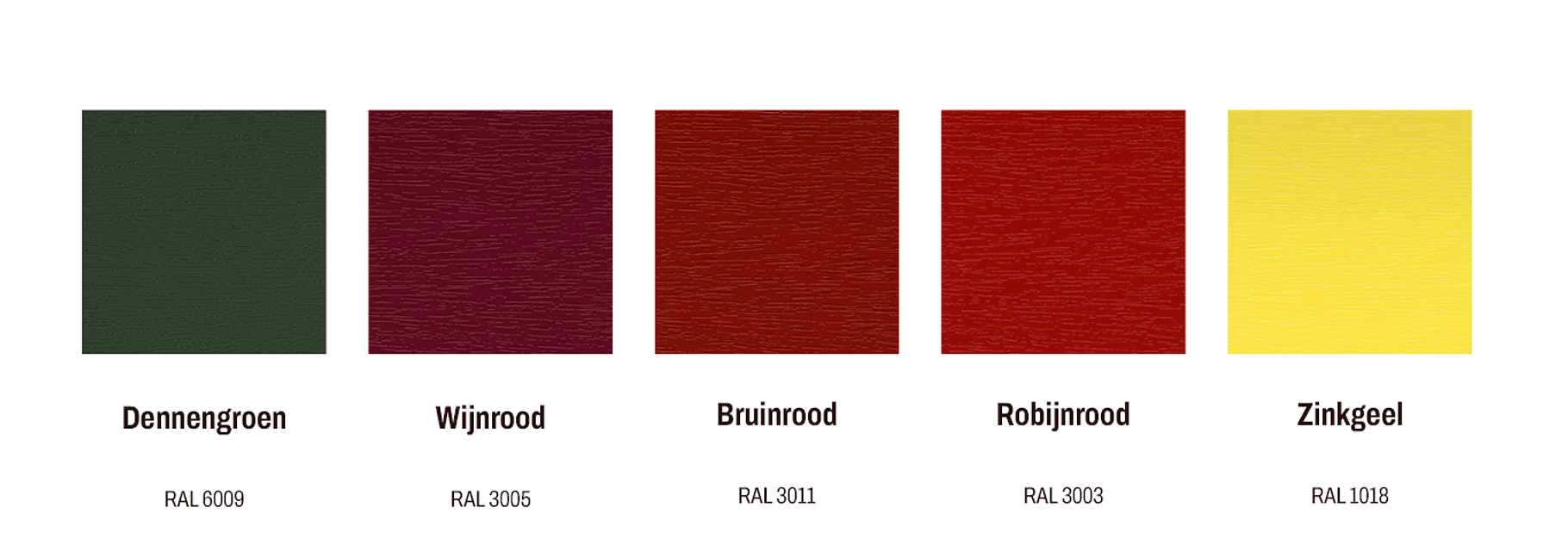 Kleurstalen kunststof kozijnen dennengroen, wijnrood, bruinrood, robijnrood en zinkgeel