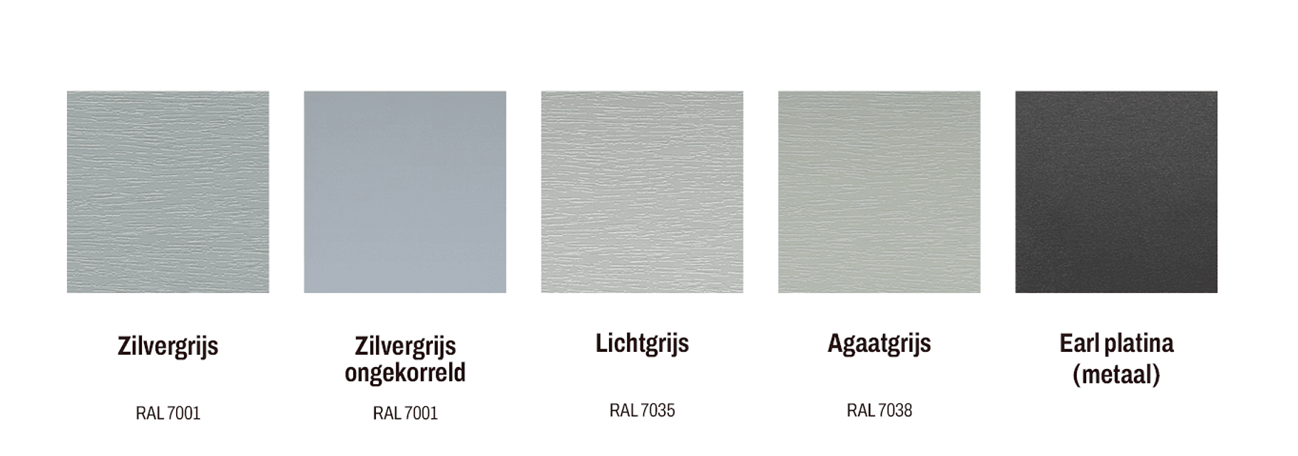 Kleurstalen kunststof kozijnen zilvergrijs, lichtgrijs, agaatgrijs en platina