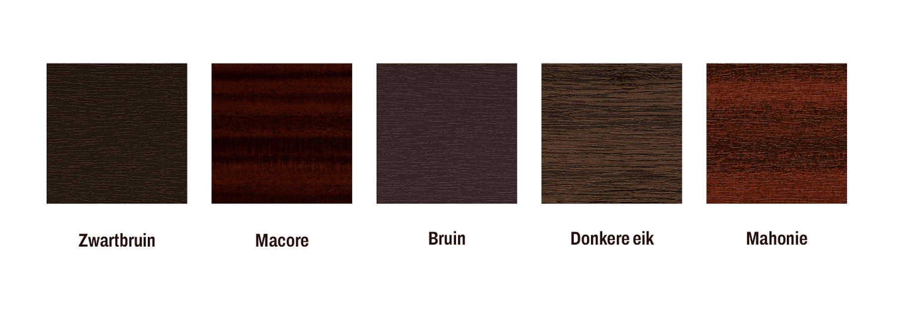 Kleurstalen kunststof kozijnen zwartbruin, macore, bruin, donkere eik en mahonie