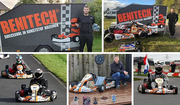 Collage prestaties karter Rory de Jong met sponsoruitingen Benitech Kozijnen