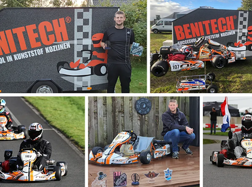 Collage prestaties karter Rory de Jong met sponsoruitingen Benitech Kozijnen