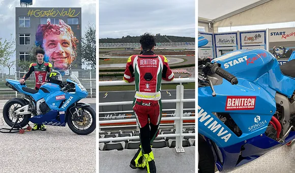 Collage racetalent Valentino Imbrogiano met sponsoruitingen Benitech Kozijnen