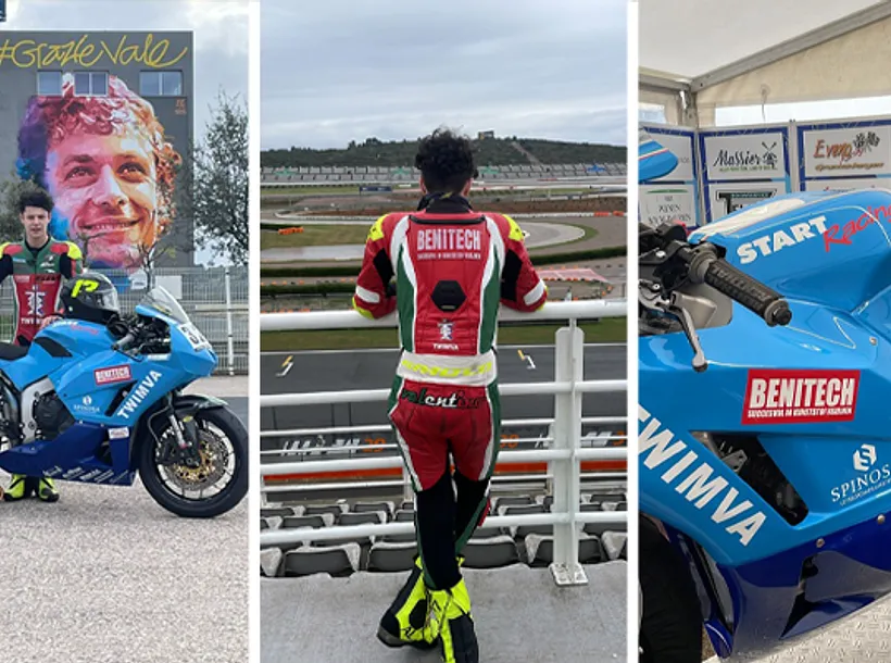 Collage racetalent Valentino Imbrogiano met sponsoruitingen Benitech Kozijnen