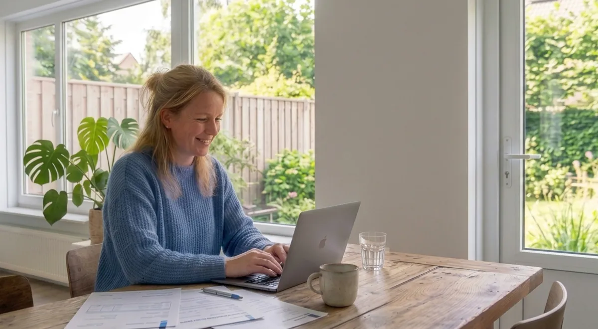Vrouw vraagt kunststof kozijnen subsidie aan via laptop