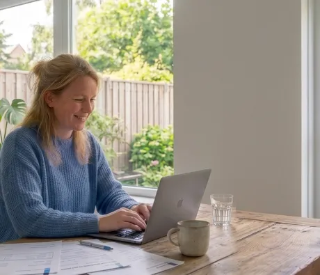 Vrouw vraagt kunststof kozijnen subsidie aan via laptop