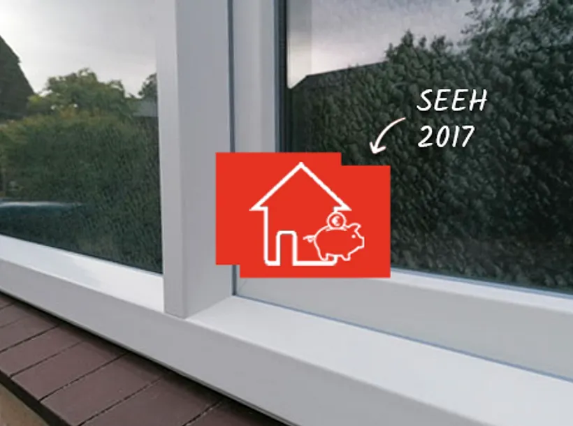 Kunststof kozijn met icon subsidie isolatie huis en tekst SEEH 2017