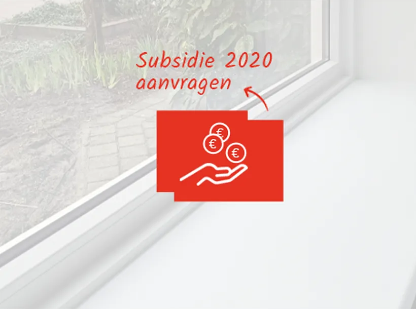 Kunststof kozijn met icon hand dat geld ontvangt en tekst subsidie 2022 aanvragen