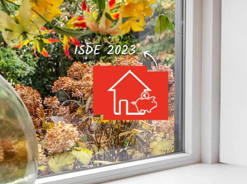 Kunststof kozijn met icon subsidie isolatie huis en tekst ISDE 2023