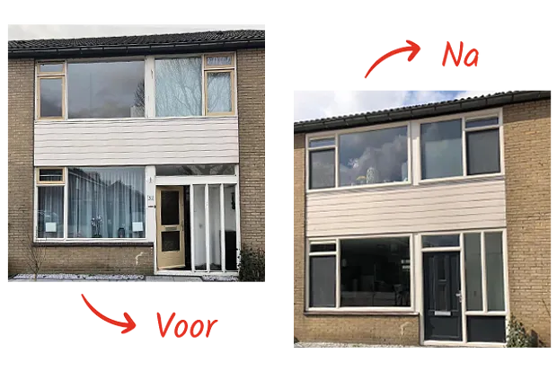 Afbeelding woning met oude kozijnen, ramen en deuren en afbeelding woning met nieuwe kozijnen, ramen en deuren