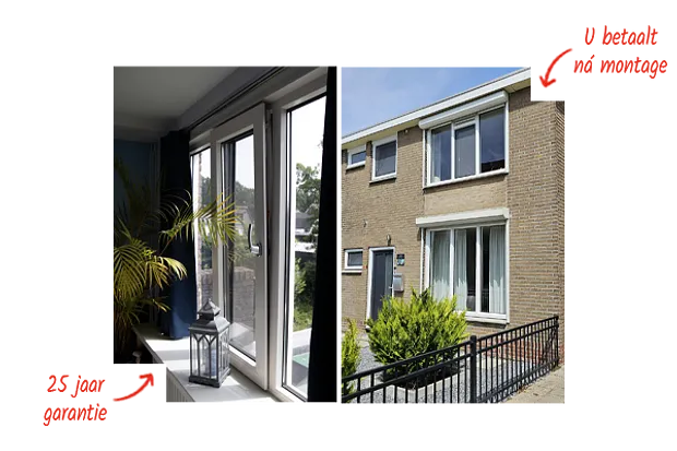 Afbeelding kunststof kozijn binnen en voorgevel woning met tekst 25 jaar garantie en u betaalt na montage