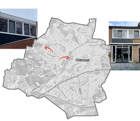 Kaart Oldenzaal met referentiefoto's kunststof kozijnen, ramen en deuren