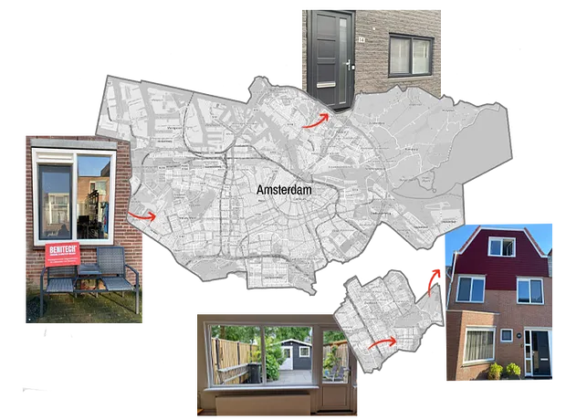 Kaart Amsterdam met referentiefoto’s kunststof kozijnen en deuren