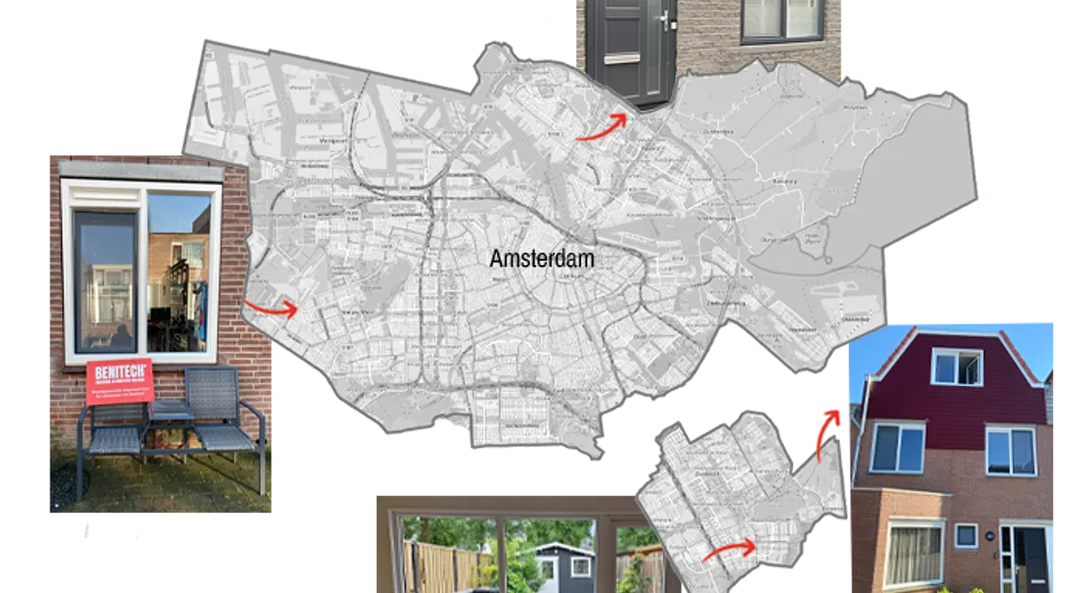 Kaart Amsterdam met referentiefoto’s kunststof kozijnen en deuren