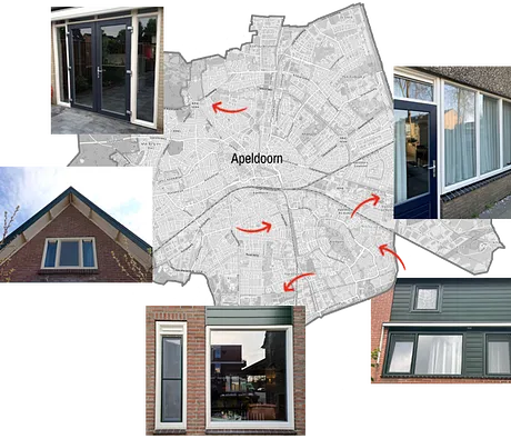 Kaart Apeldoorn met referentiefoto’s kunststof kozijnen, ramen en deuren