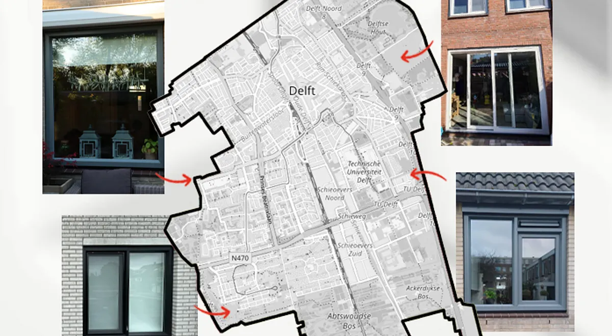 Kaart Delft met referentiefoto’s kunststof kozijnen, ramen en deuren