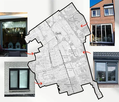 Kaart Delft met referentiefoto’s kunststof kozijnen, ramen en deuren
