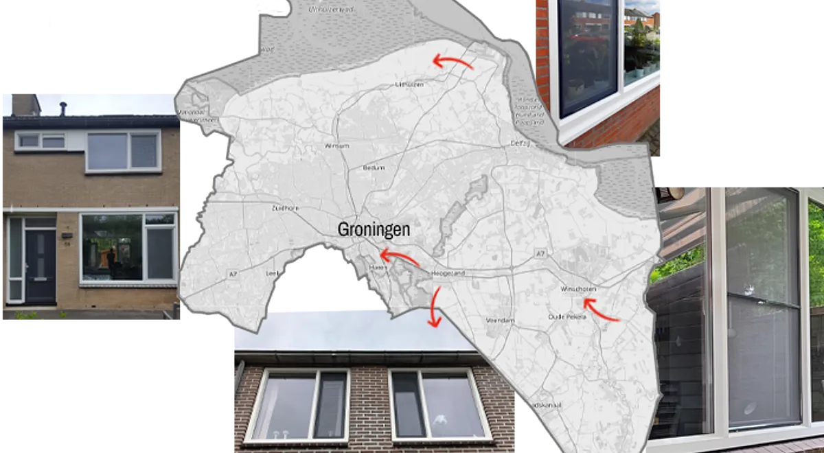 Kaart Groningen met referentiefoto's kunststof kozijnen, ramen en deuren