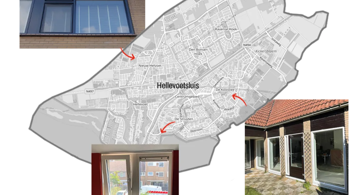 Kaart Hellevoetsluis met foto’s van geplaatste kunststof kozijnen in de regio