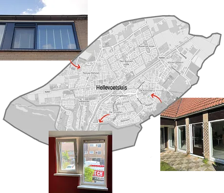 Kaart Hellevoetsluis met foto’s van geplaatste kunststof kozijnen in de regio