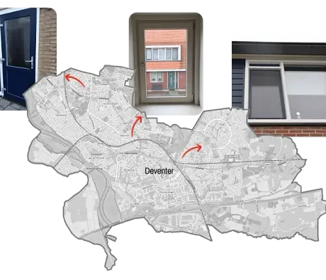 Kaart Deventer met referentiefoto’s kunststof kozijnen en deuren