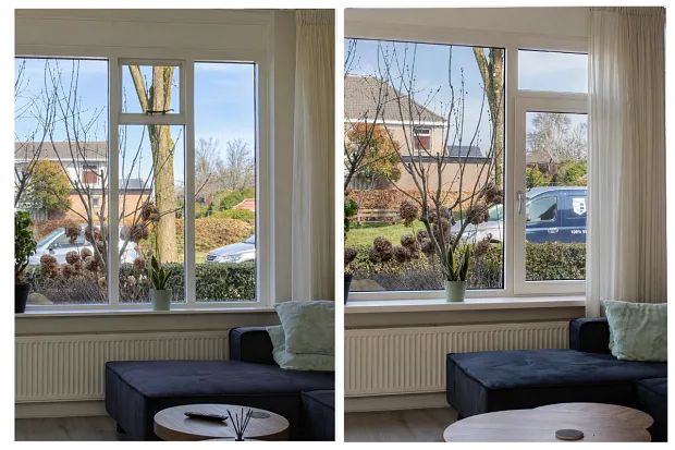 Voor en na foto van woonkamer met oude houten kozijnen en nieuwe kunststof kozijnen