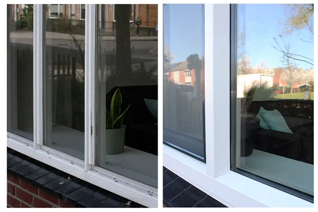 Voor en na detailfoto verrot houten kozijn en nieuw kunststof kozijn