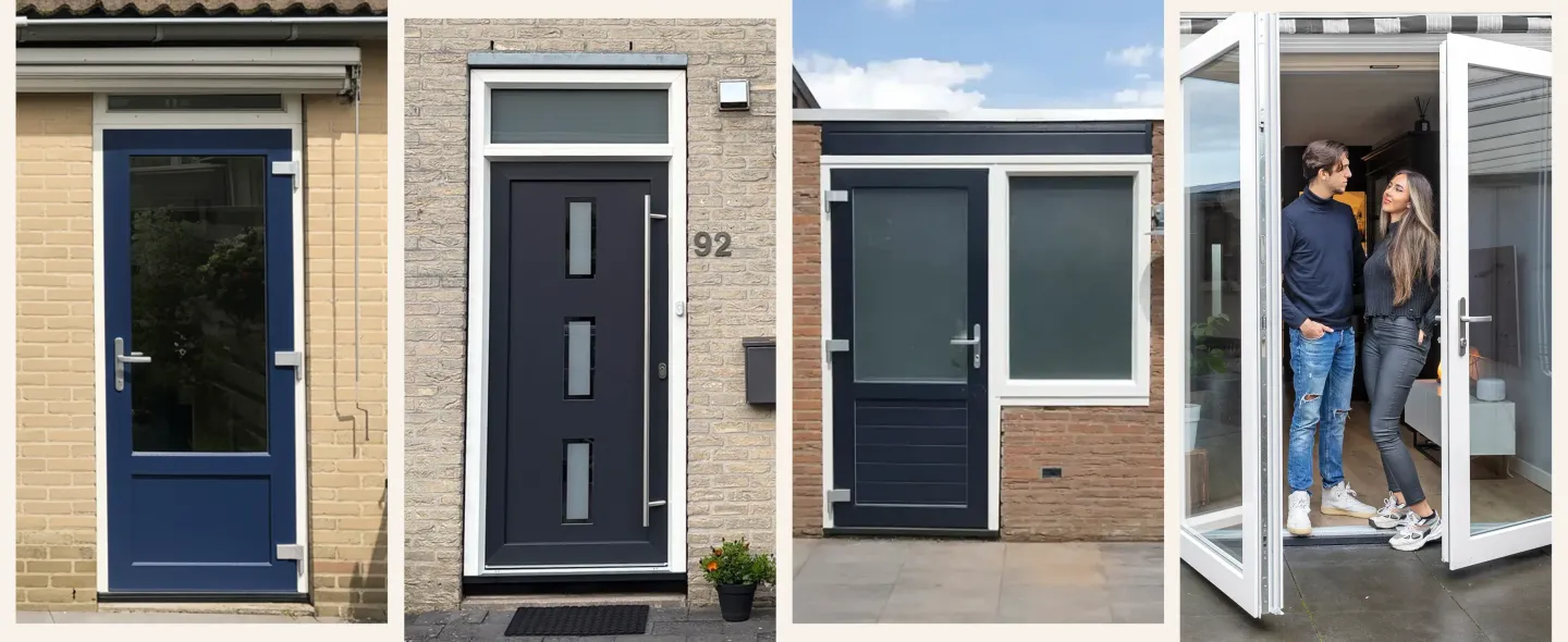 Overzicht van verschillende kunststof deuren bij woningen: voordeur, achterdeur, schuurdeur en openslaande deuren
