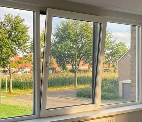 Kunststof kozijn met draaikiepraam, raam op kier in kiepstand.