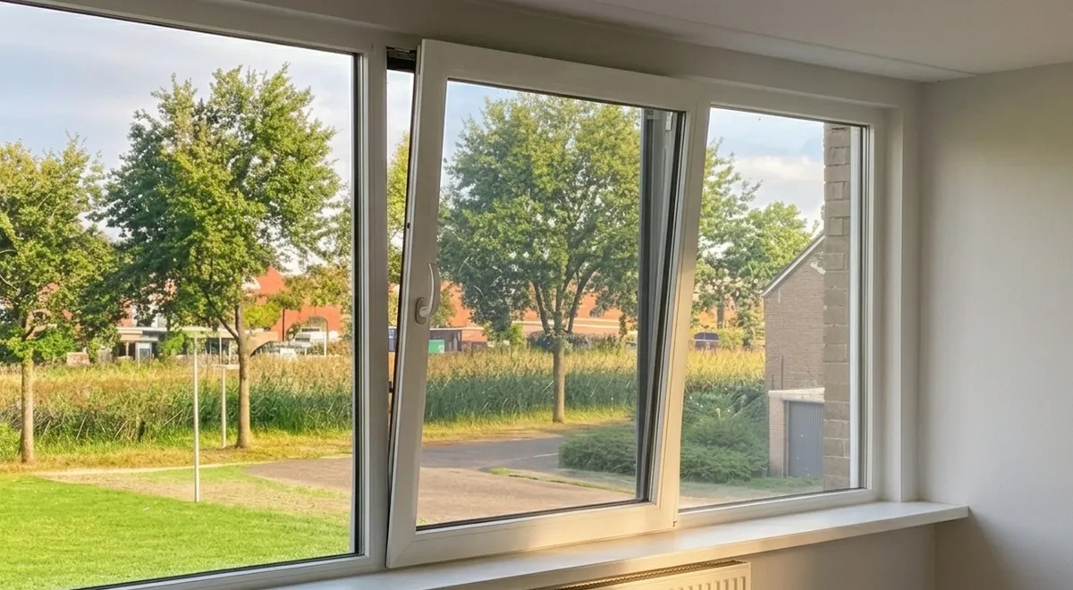 Kunststof kozijn met draaikiepraam, raam op kier in kiepstand.