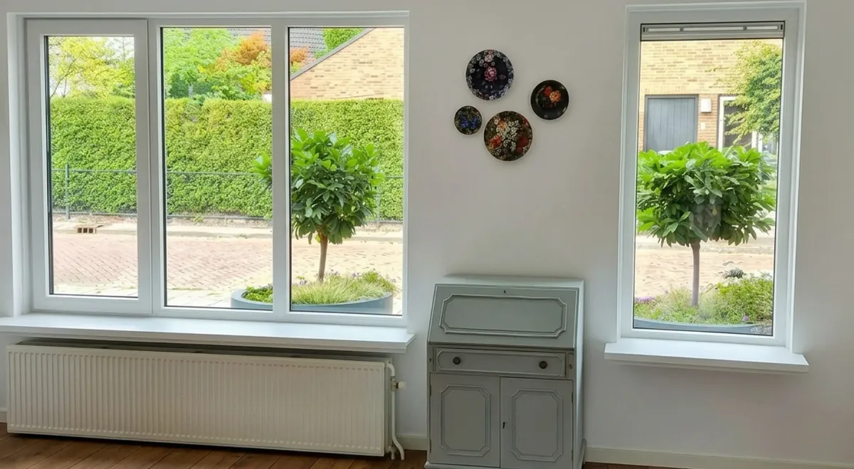 Woonkamer met witte kunststof kozijnen en een brede raampartij.