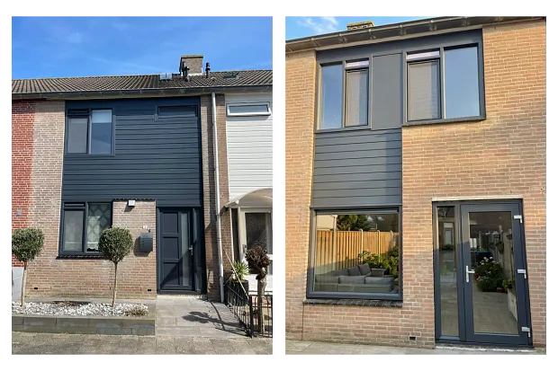 Twee foto's voor- en achtergevel rijtjeshuis met antracietgrijze kunststof kozijnen, ramen, deuren en gevelbekleding
