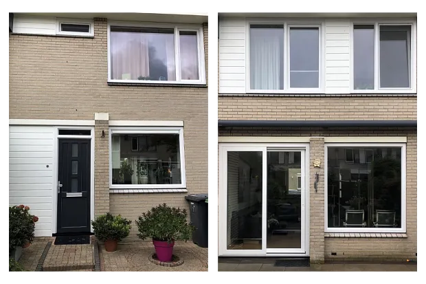 Twee foto's voor- en achtergevel rijtjeswoning met witte kunststof kozijnen, gevelbekleding en ramen en antracietgrijze kunststof voordeur