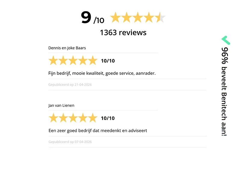Overzicht reviewscore Benitech Kozijnen en 2 reviews uit mei 2026